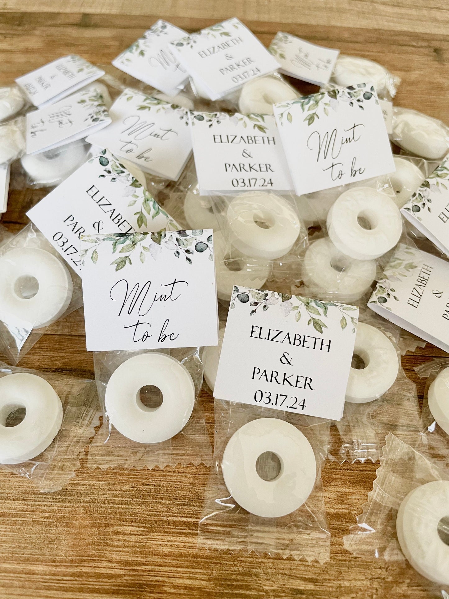 Life saver mint to be wedding favor with personalized tag with greenery design