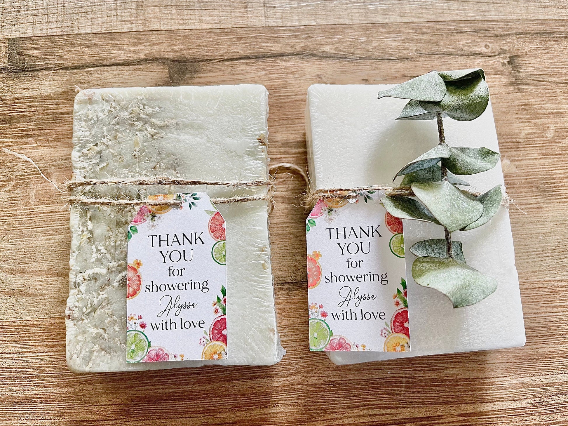 handmade bars of soap for citrus bridal shower favors with personalized tag