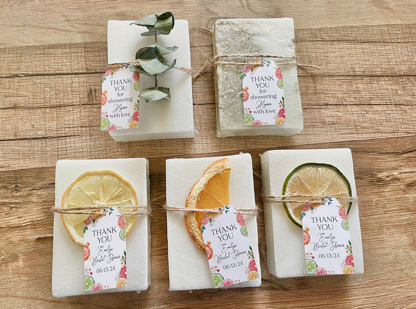 handmade bars of soap for citrus bridal shower favors with personalized tag