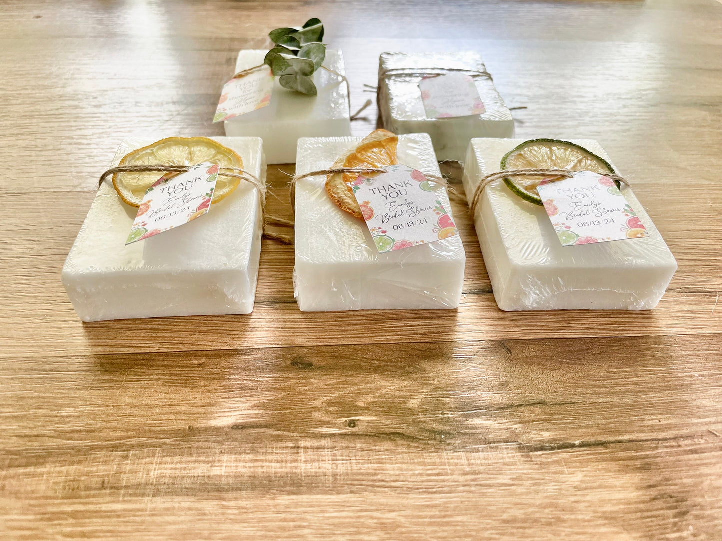 handmade bars of soap for citrus bridal shower favors with personalized tag