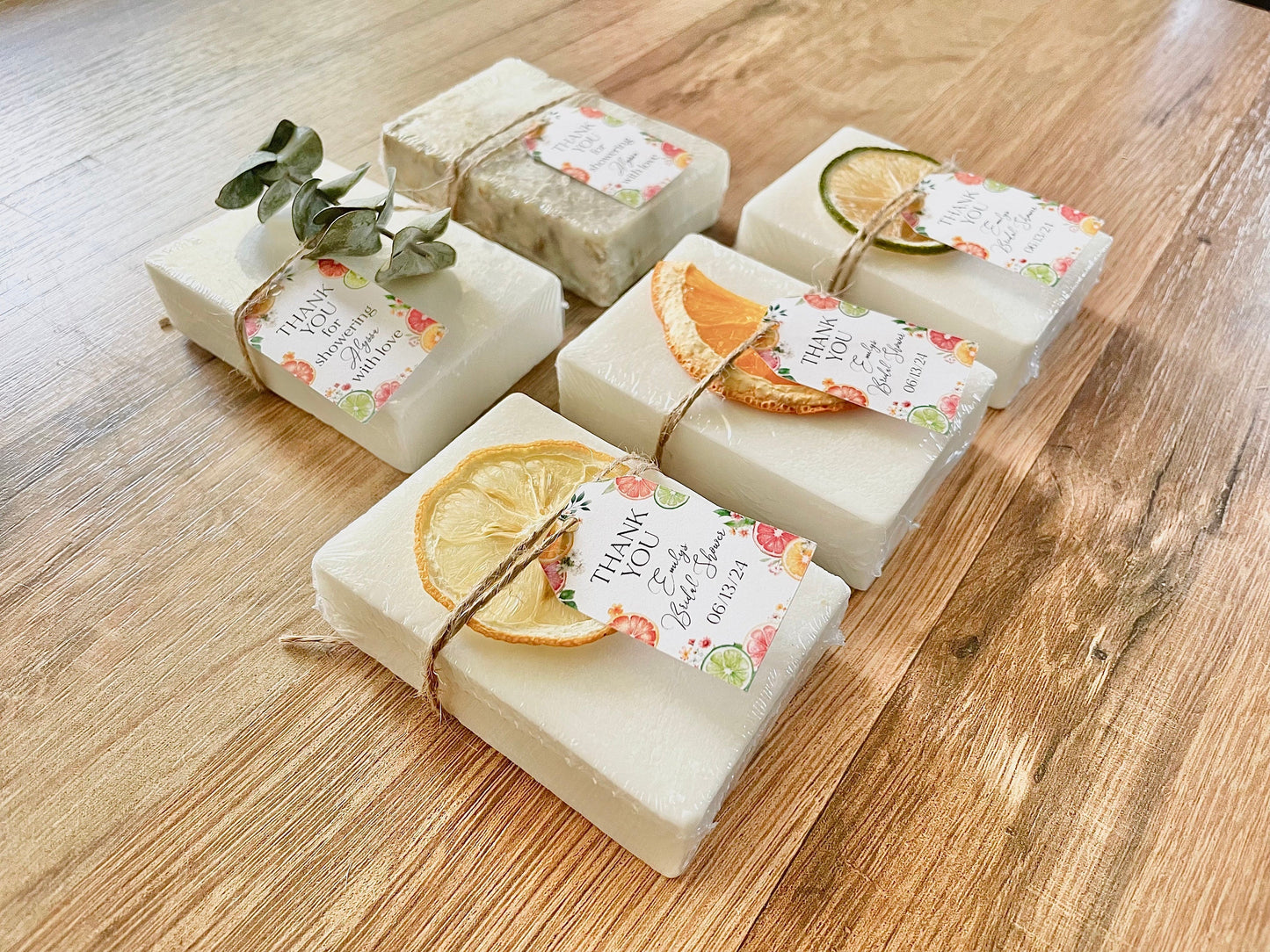 handmade bars of soap for citrus bridal shower favors with personalized tag