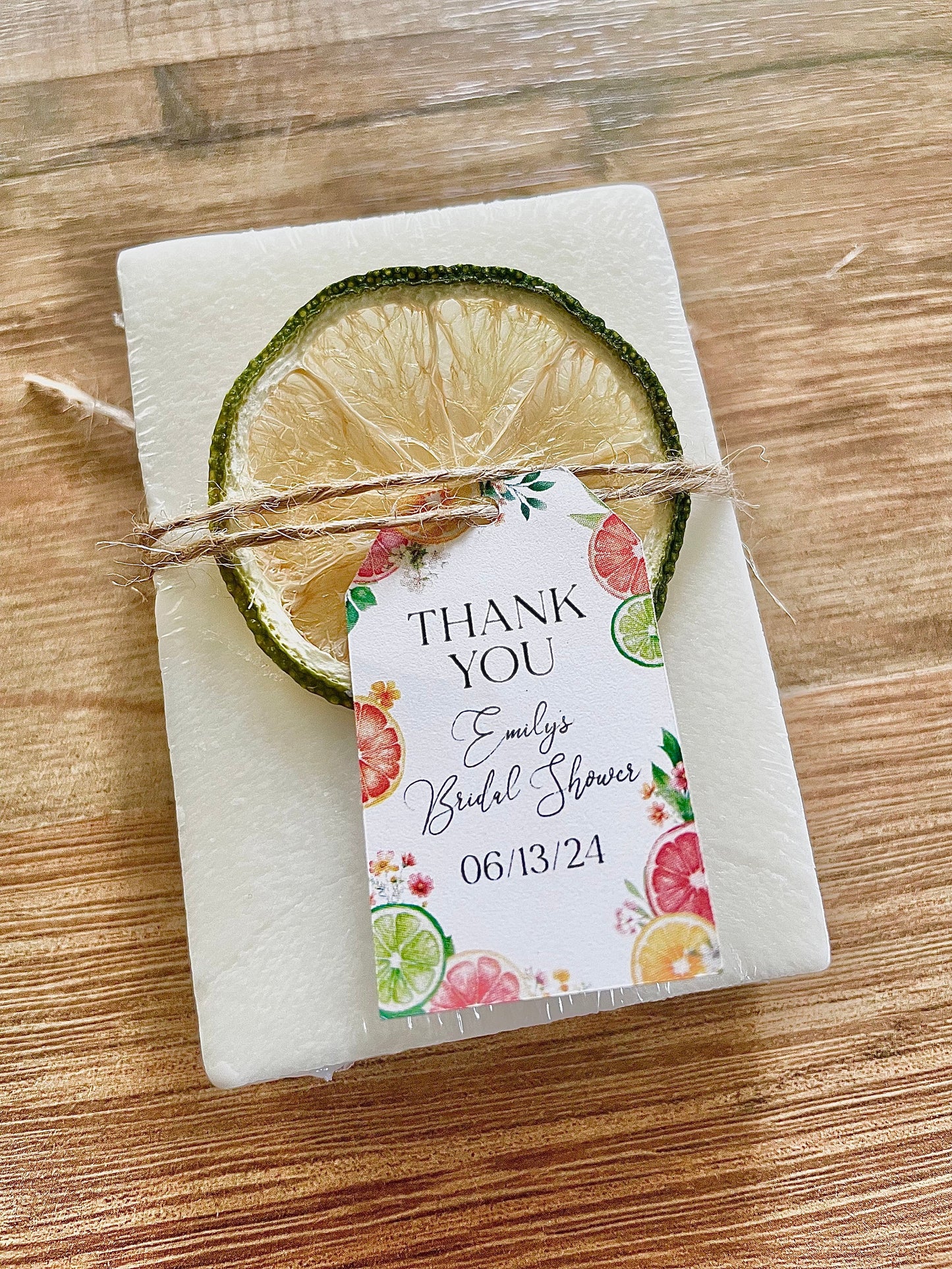 handmade bars of soap for citrus bridal shower favors with personalized tag