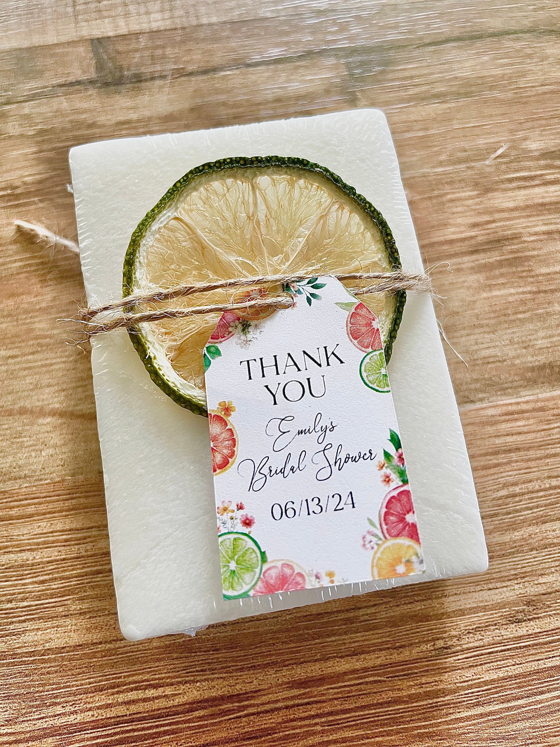 handmade bars of soap for citrus bridal shower favors with personalized tag