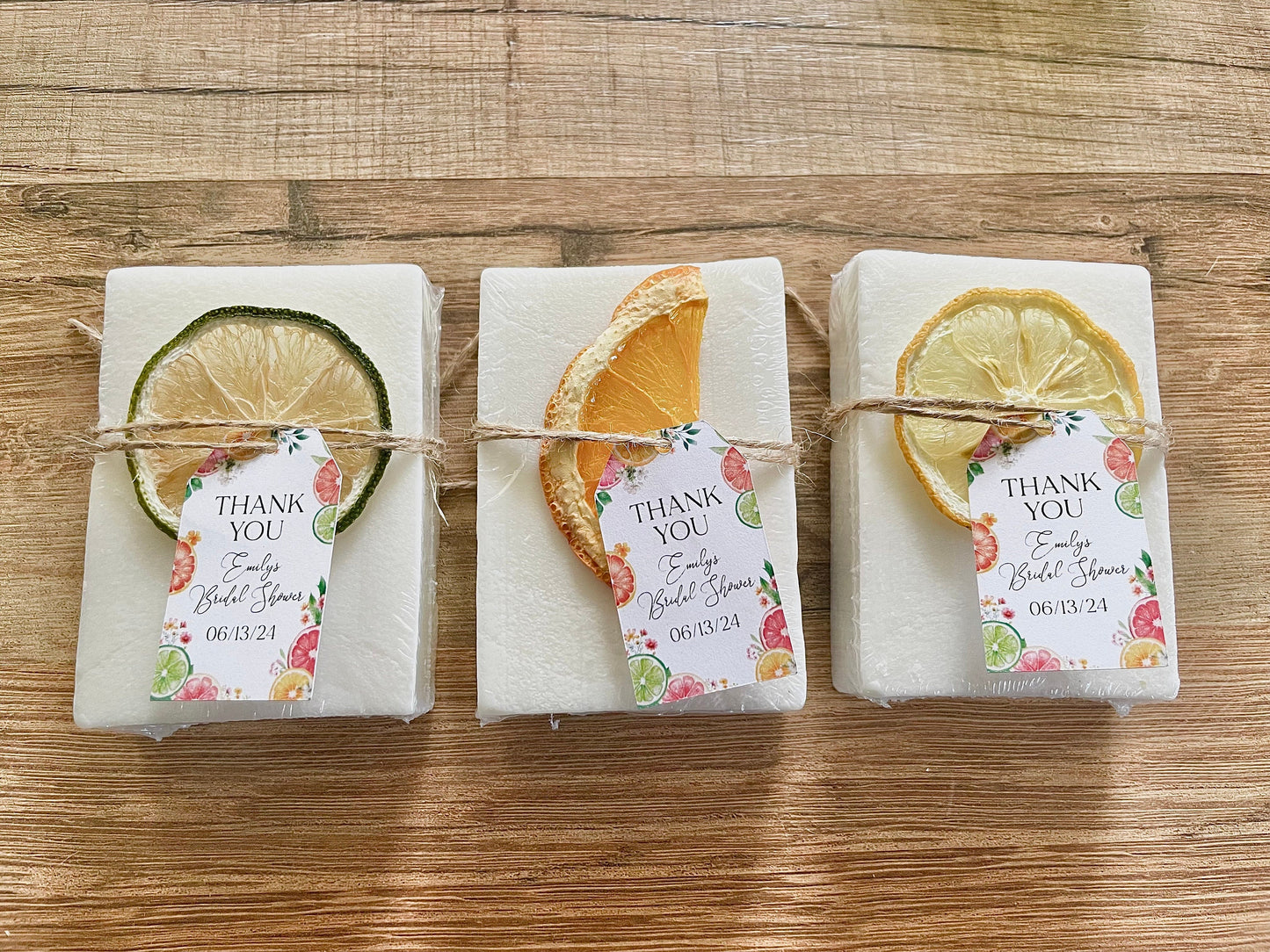 handmade bars of soap for citrus bridal shower favors with personalized tag