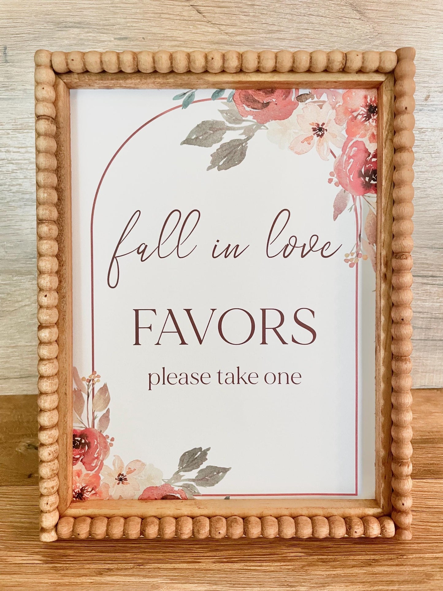 Printed Favor Sign for Fall in Love Themed Bridal Shower