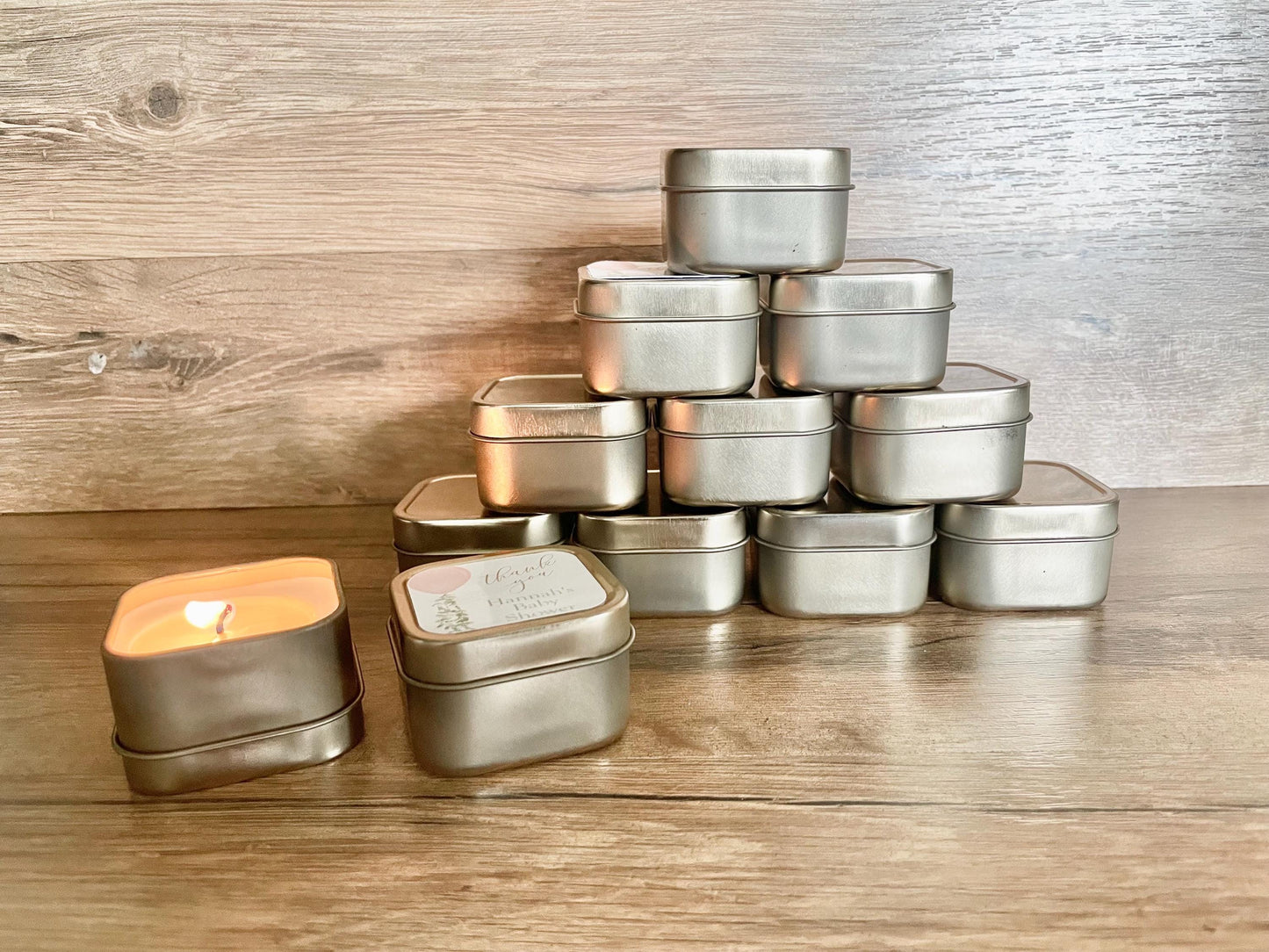 Personalized Gold Tin Candle Baby Shower Favors: Floral Scented Soy Candle
