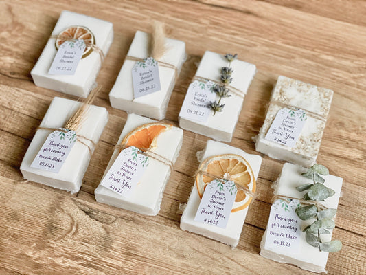 Bars of soap for bridal shower or wedding favors with a personalized tag