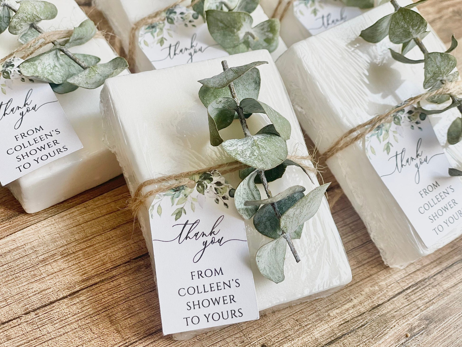 Elegant Baby Shower Favors – Handmade Soap Bars with Greenery Eucalyptus Tag – Personalized Set of 8 – Essential Oil Soap Gifts