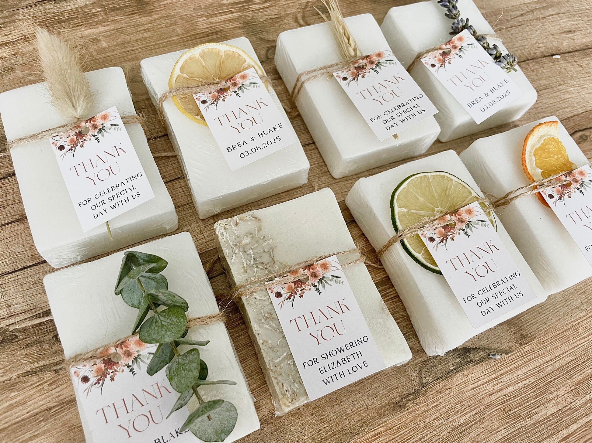 Soap favors for wedding or bridal shower thank you gifts. Custom name tags with a pink / terracotta floral design.