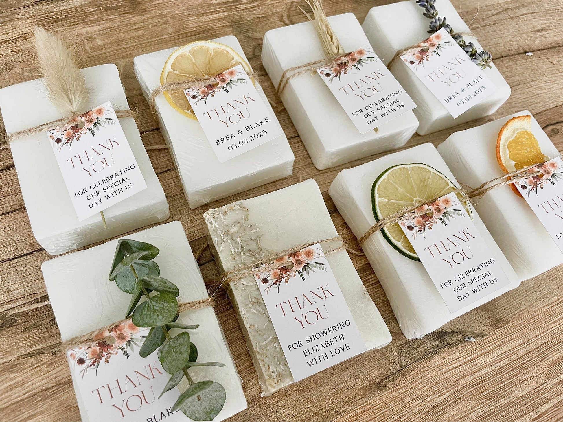 Soap favors for wedding or bridal shower thank you gifts. Custom name tags with a pink / terracotta floral design.