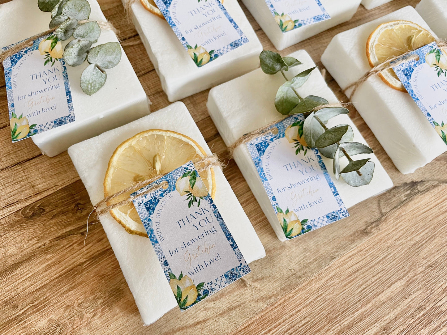 Lemon Soap Favors – Amalfi Italy Lemon Theme – Bridal Shower or Baby Shower – Handmade with Essential Oils + Personalized Tags - Set of 8