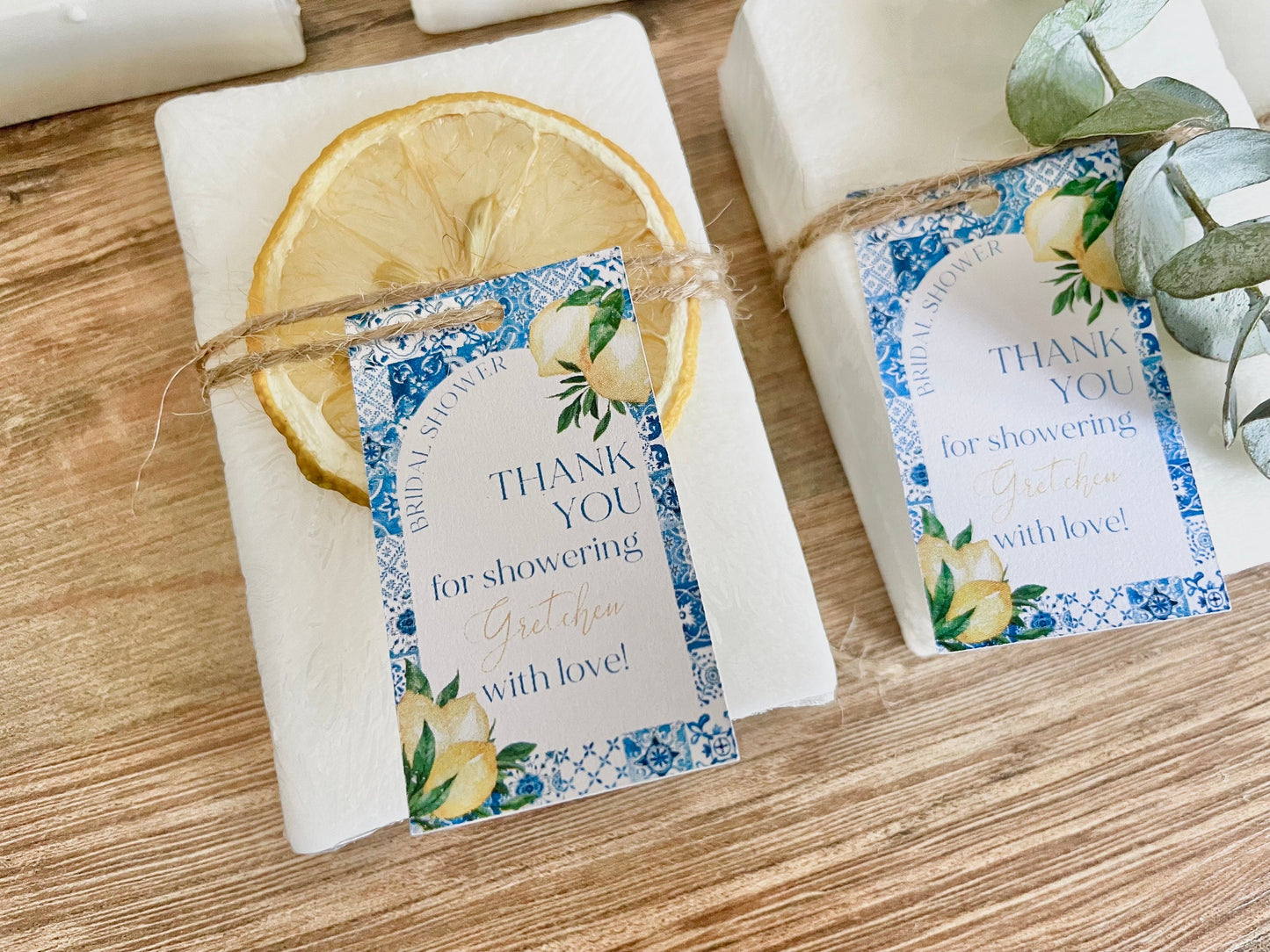 Lemon Soap Favors – Amalfi Italy Lemon Theme – Bridal Shower or Baby Shower – Handmade with Essential Oils + Personalized Tags - Set of 8
