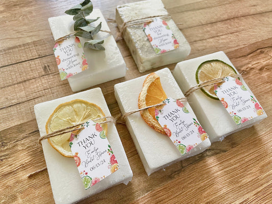 handmade bars of soap for citrus bridal shower favors with personalized tag