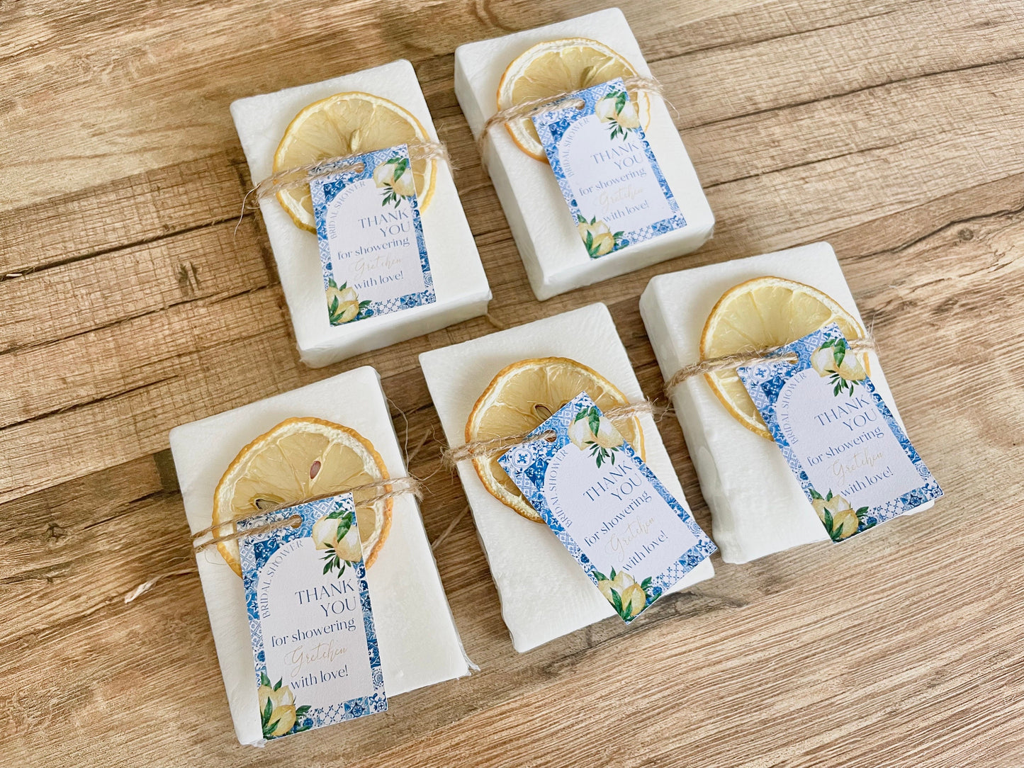 Lemon Soap Favors – Amalfi Italy Lemon Theme – Bridal Shower or Baby Shower – Handmade with Essential Oils + Personalized Tags - Set of 8