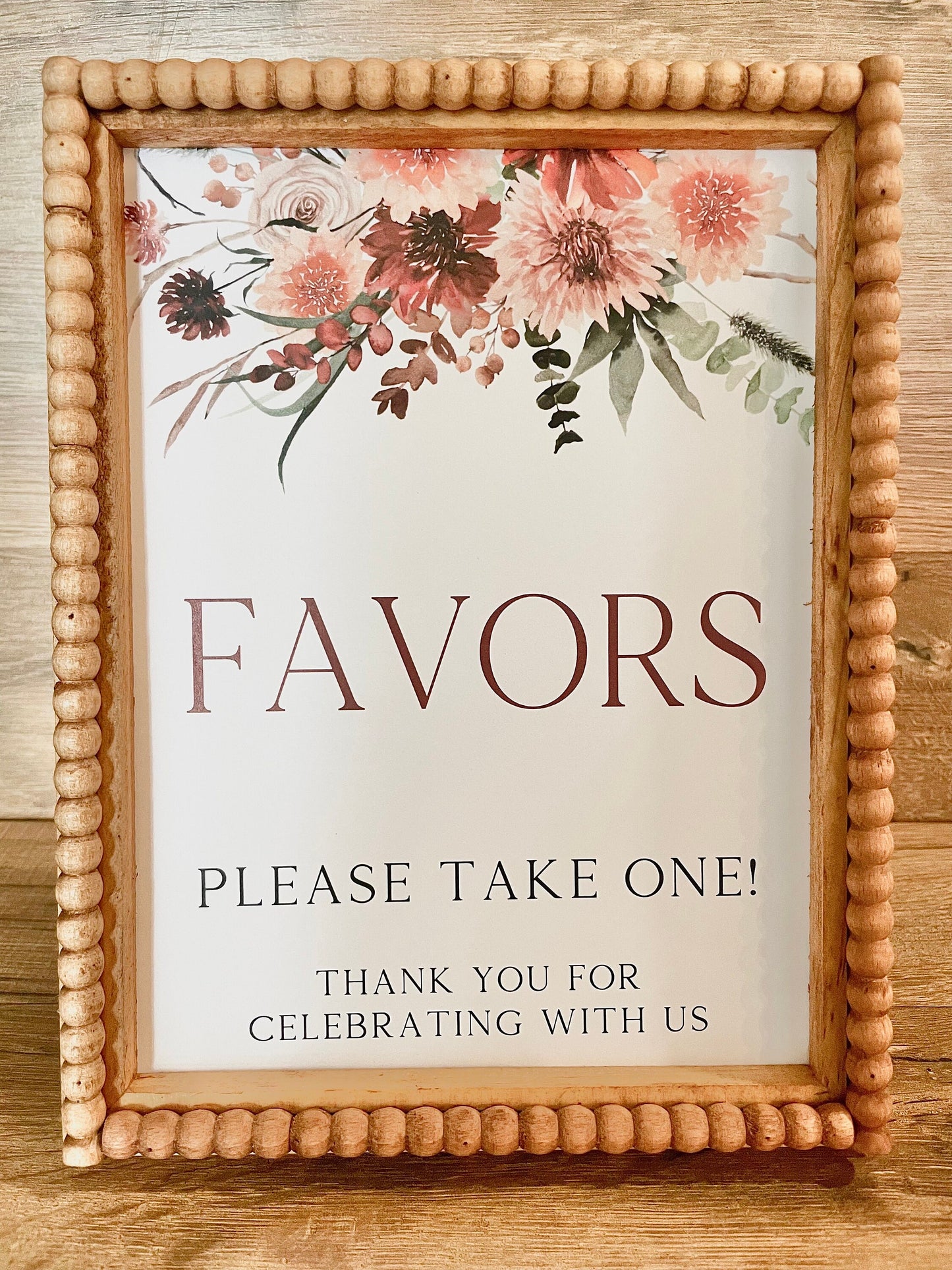 Printed Favor Sign for Pink Terracotta Floral Greenery Bridal Shower Baby Shower Favors