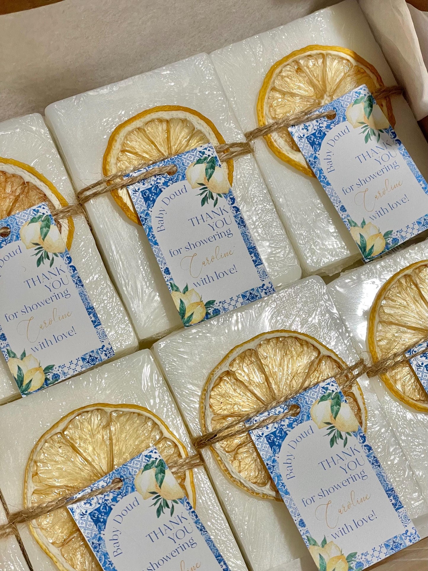 Lemon Soap Favors – Amalfi Italy Lemon Theme – Bridal Shower or Baby Shower – Handmade with Essential Oils + Personalized Tags - Set of 8