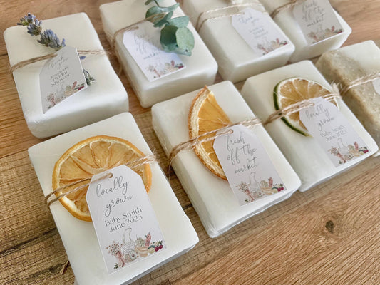 “fresh off the market” theme personalized bridal shower favors