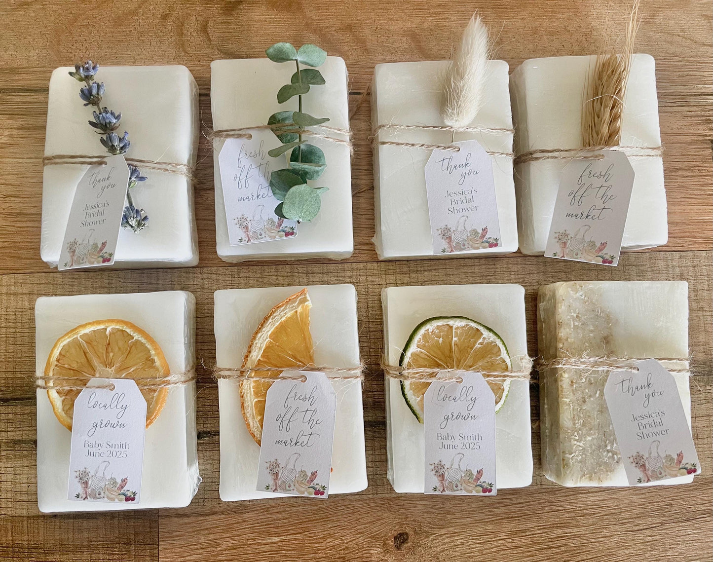 “fresh off the market” theme personalized bridal shower favors