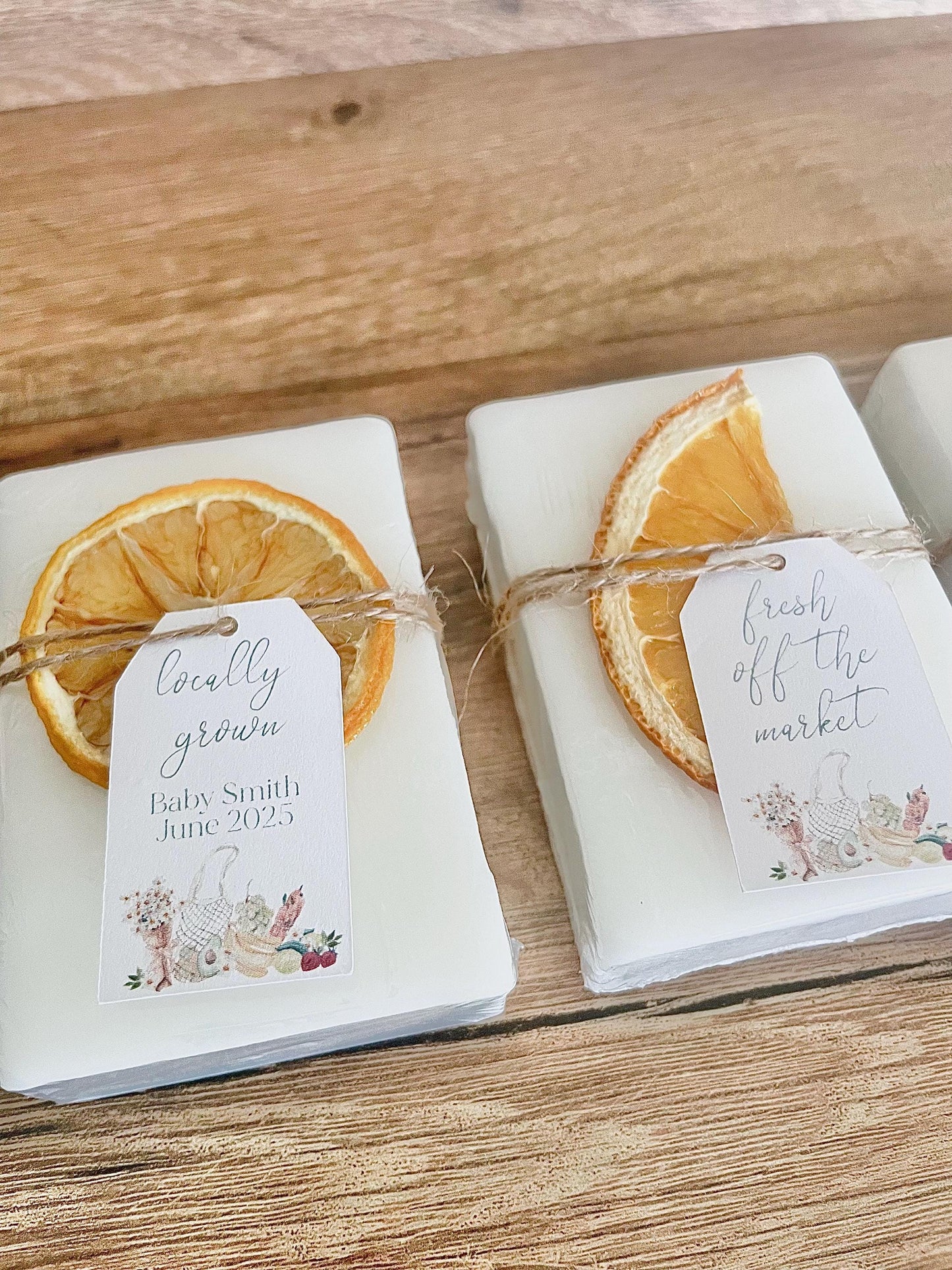 “fresh off the market” theme personalized bridal shower favors