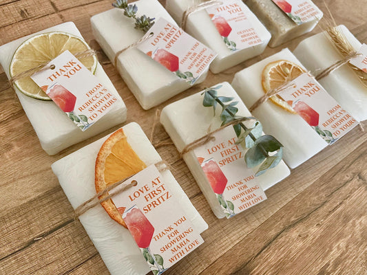 Love at first spritz bridal shower favors, aperol spritz bridal shower, handmade soap bar favors for guests