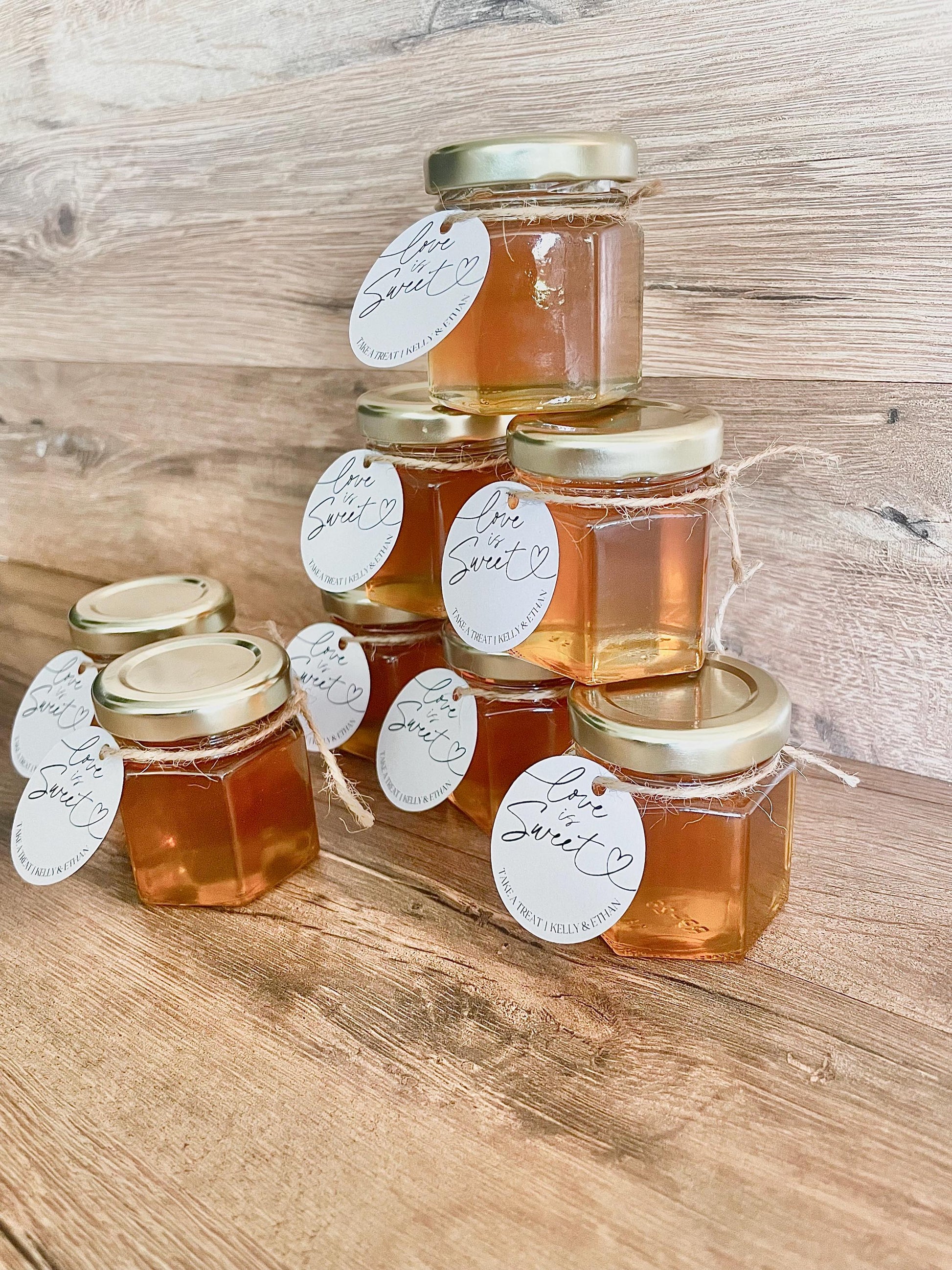 Mini Honey Jar Favors with Personalized Tags - Wedding & Shower Gifts