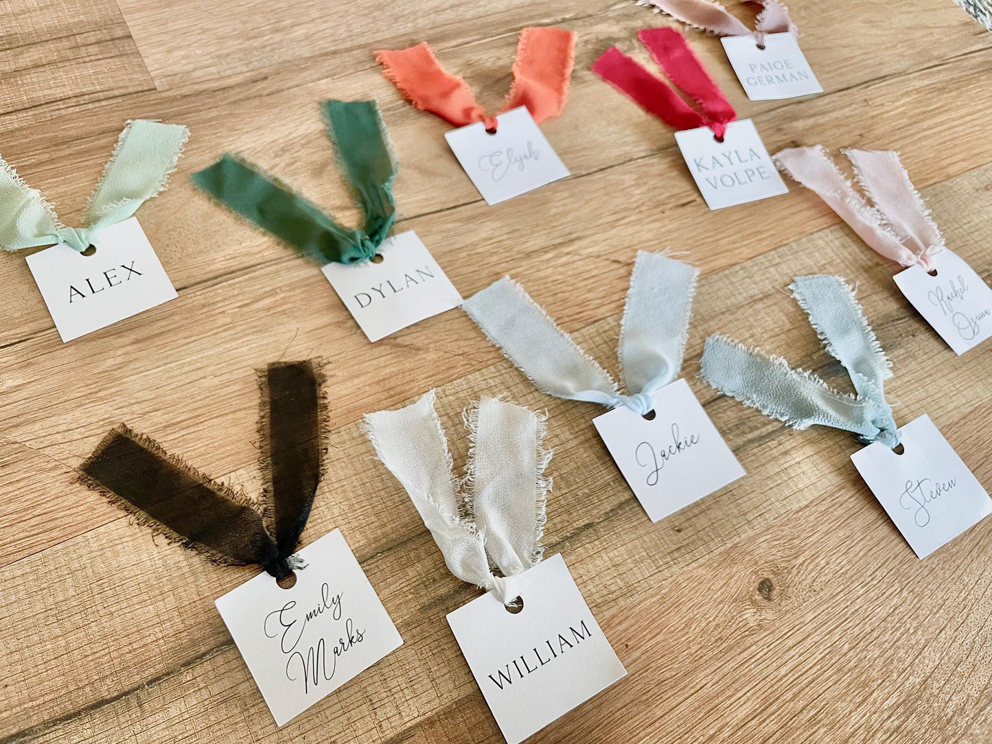 personalized name cards for wedding seating chart - forest green, sage green, baby blue, dusty blue, baby pink, rust orange