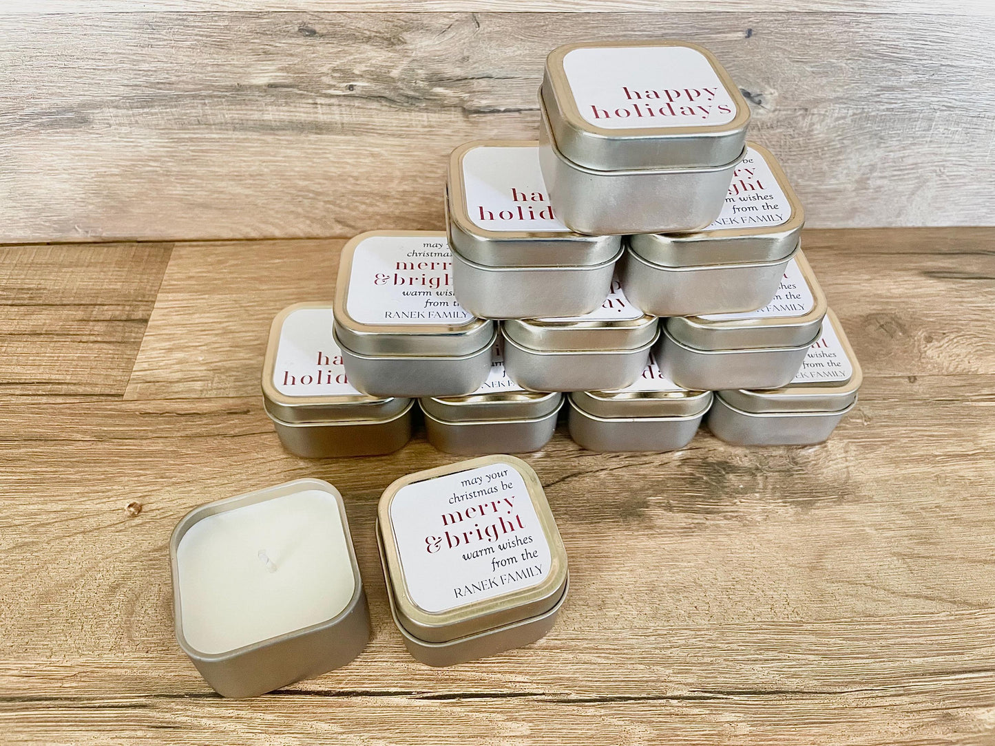 Mini Gold Tin Candle Favors - Christmas Party Favors - Holiday Candle Gifts - Personalized Candle Favors - Winter Wedding Favors