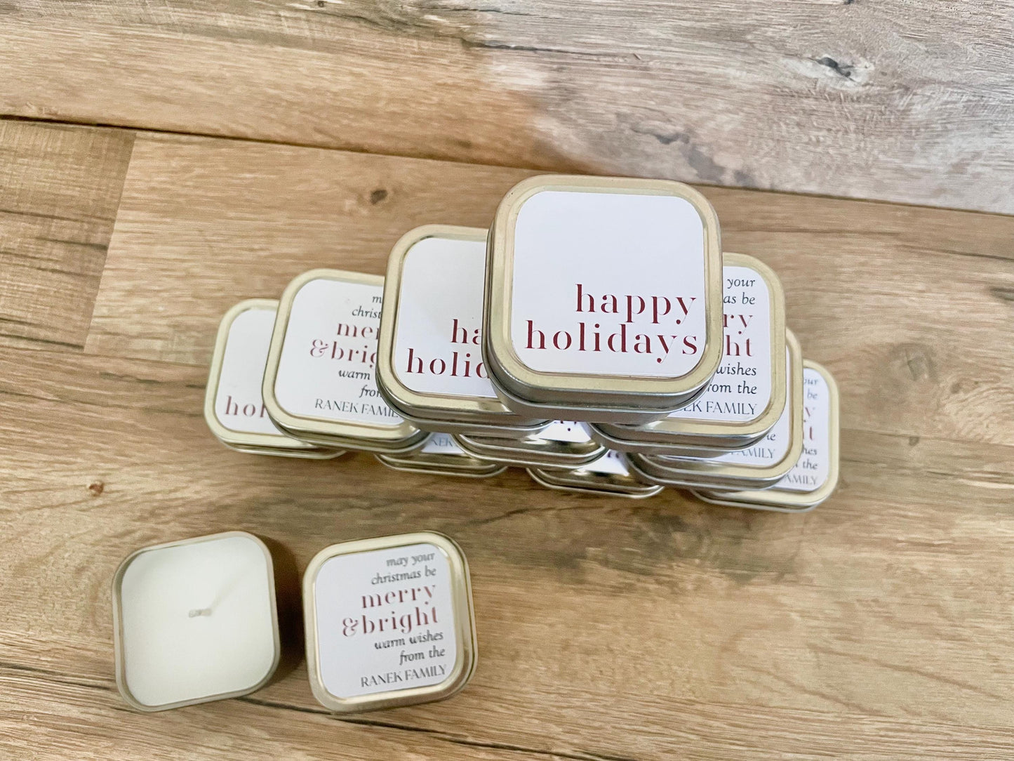 Mini Gold Tin Candle Favors - Christmas Party Favors - Holiday Candle Gifts - Personalized Candle Favors - Winter Wedding Favors