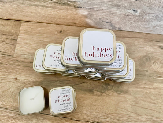 Mini Gold Tin Candle Favors - Christmas Party Favors - Holiday Candle Gifts - Personalized Candle Favors - Winter Wedding Favors