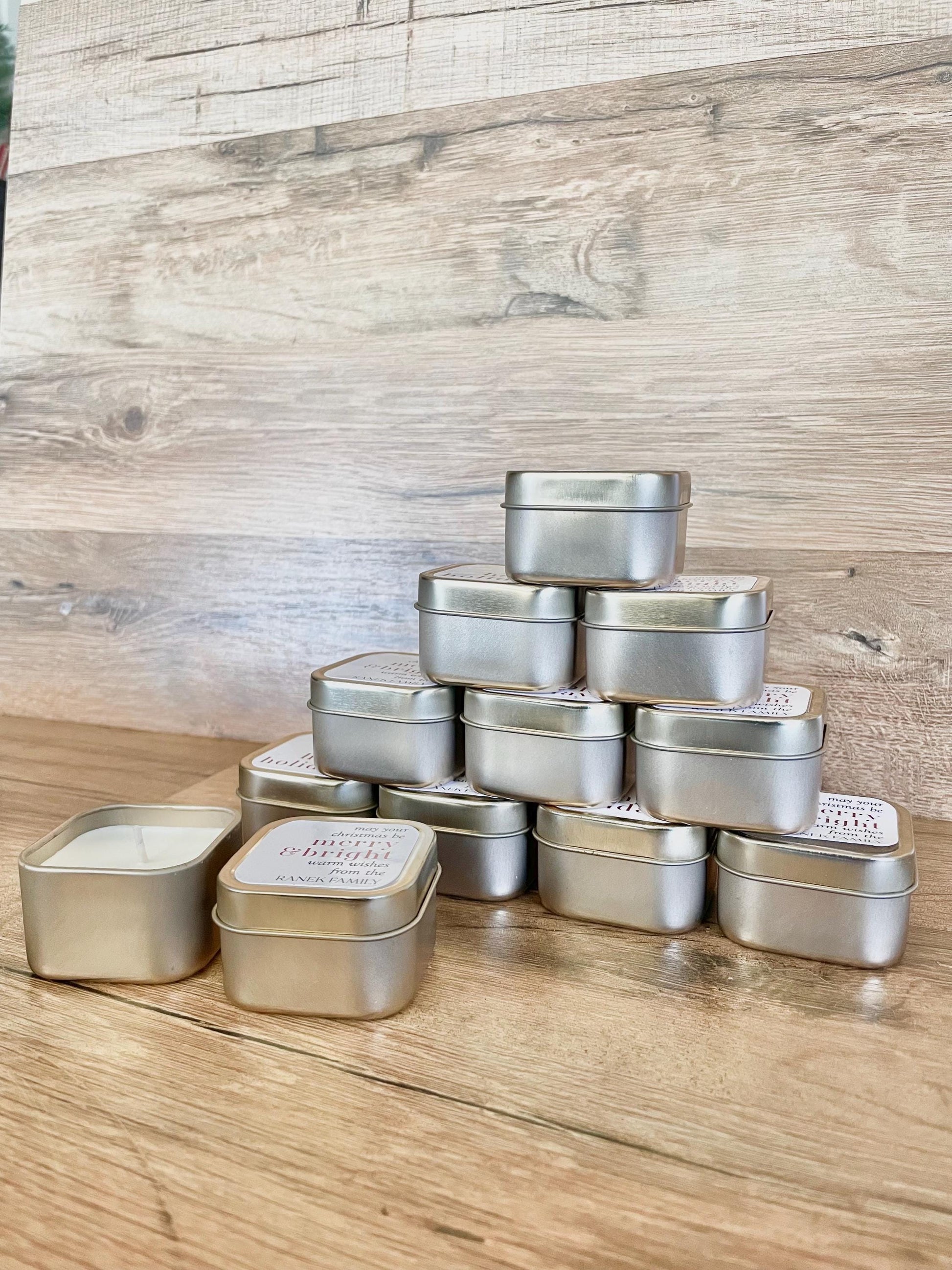 Mini Gold Tin Candle Favors - Christmas Party Favors - Holiday Candle Gifts - Personalized Candle Favors - Winter Wedding Favors