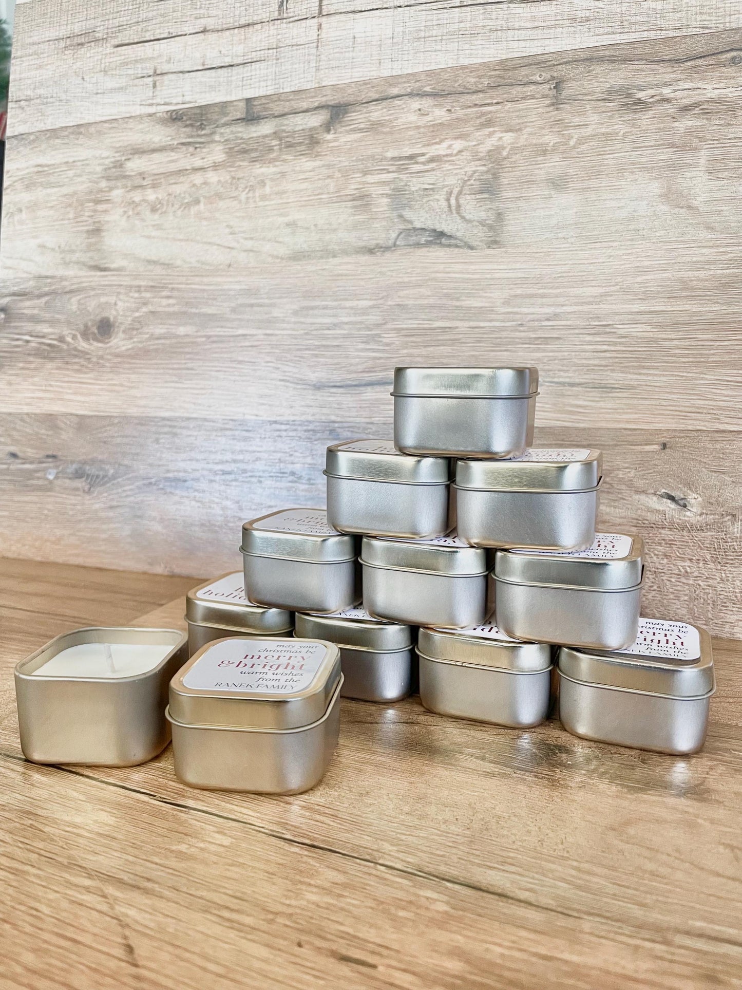 Mini Gold Tin Candle Favors - Christmas Party Favors - Holiday Candle Gifts - Personalized Candle Favors - Winter Wedding Favors