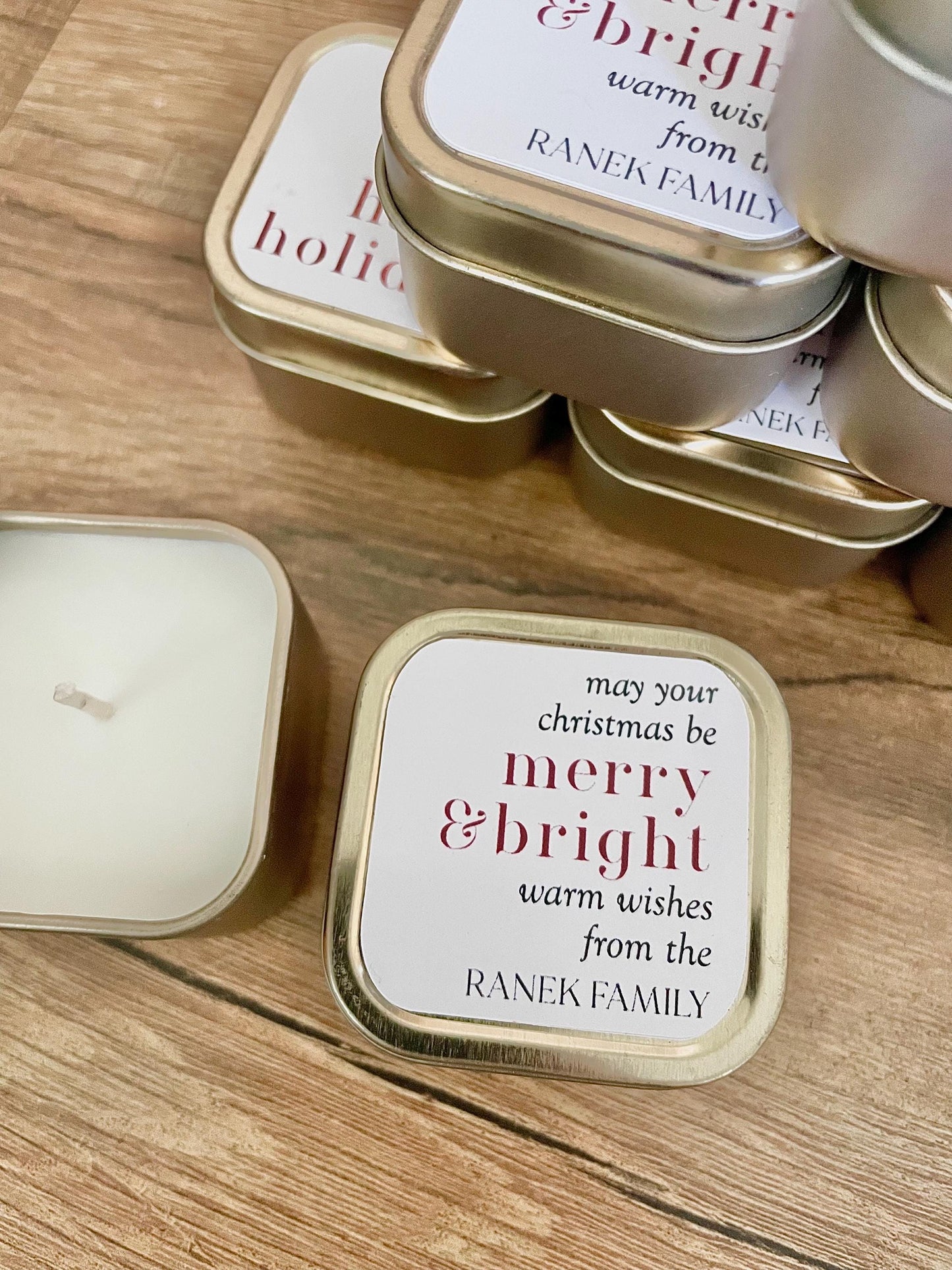 Mini Gold Tin Candle Favors - Christmas Party Favors - Holiday Candle Gifts - Personalized Candle Favors - Winter Wedding Favors
