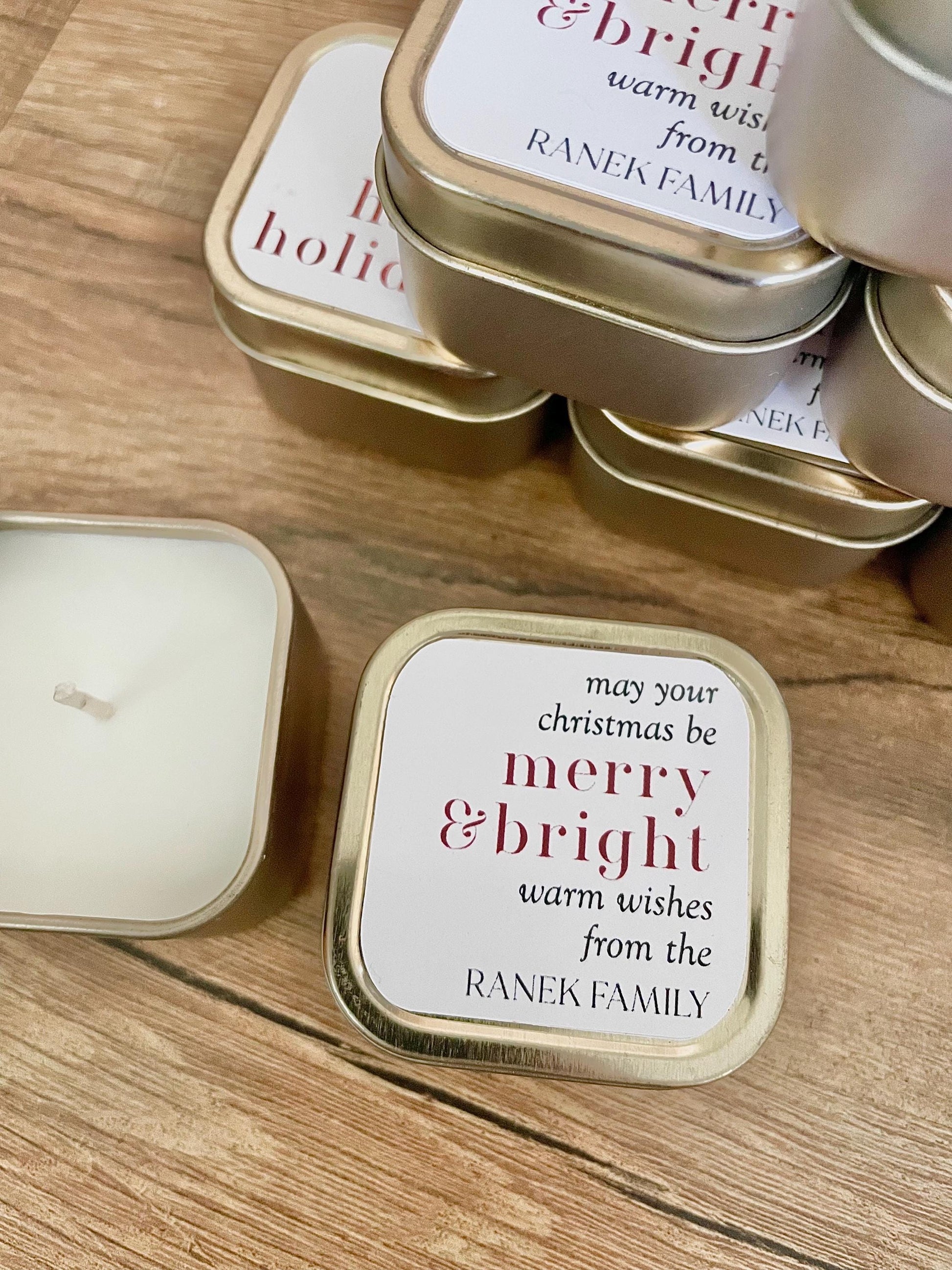 Mini Gold Tin Candle Favors - Christmas Party Favors - Holiday Candle Gifts - Personalized Candle Favors - Winter Wedding Favors