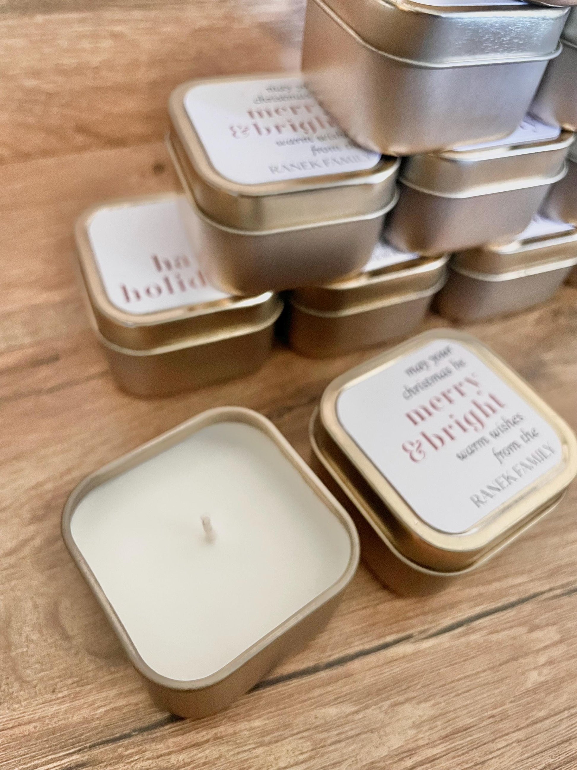 Mini Gold Tin Candle Favors - Christmas Party Favors - Holiday Candle Gifts - Personalized Candle Favors - Winter Wedding Favors